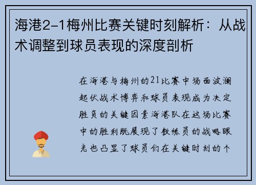 海港2-1梅州比赛关键时刻解析：从战术调整到球员表现的深度剖析
