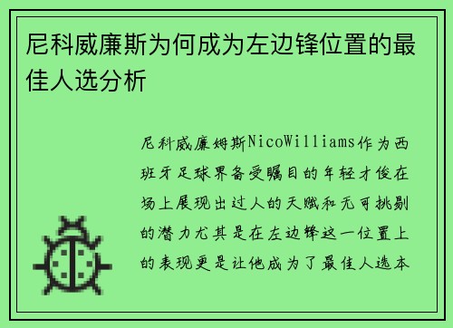 尼科威廉斯为何成为左边锋位置的最佳人选分析