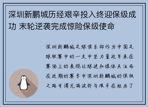 深圳新鹏城历经艰辛投入终迎保级成功 末轮逆袭完成惊险保级使命