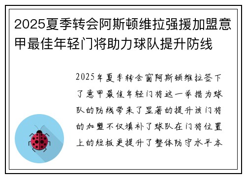 2025夏季转会阿斯顿维拉强援加盟意甲最佳年轻门将助力球队提升防线