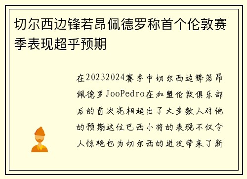 切尔西边锋若昂佩德罗称首个伦敦赛季表现超乎预期